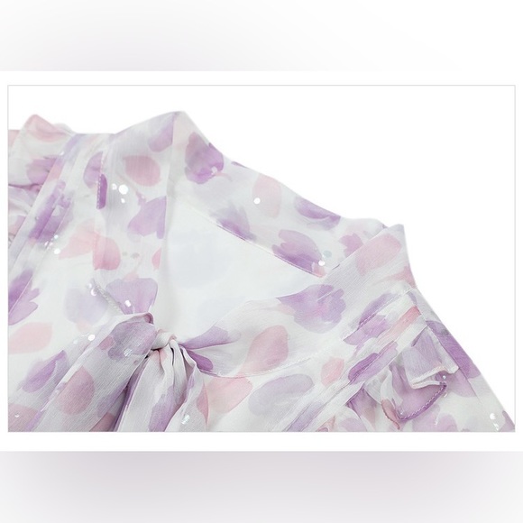 NWT Bow Tie Neck Floral Print Button Front Ruffle Hem A-line Dress Lilac Size S - Picture 10 of 16